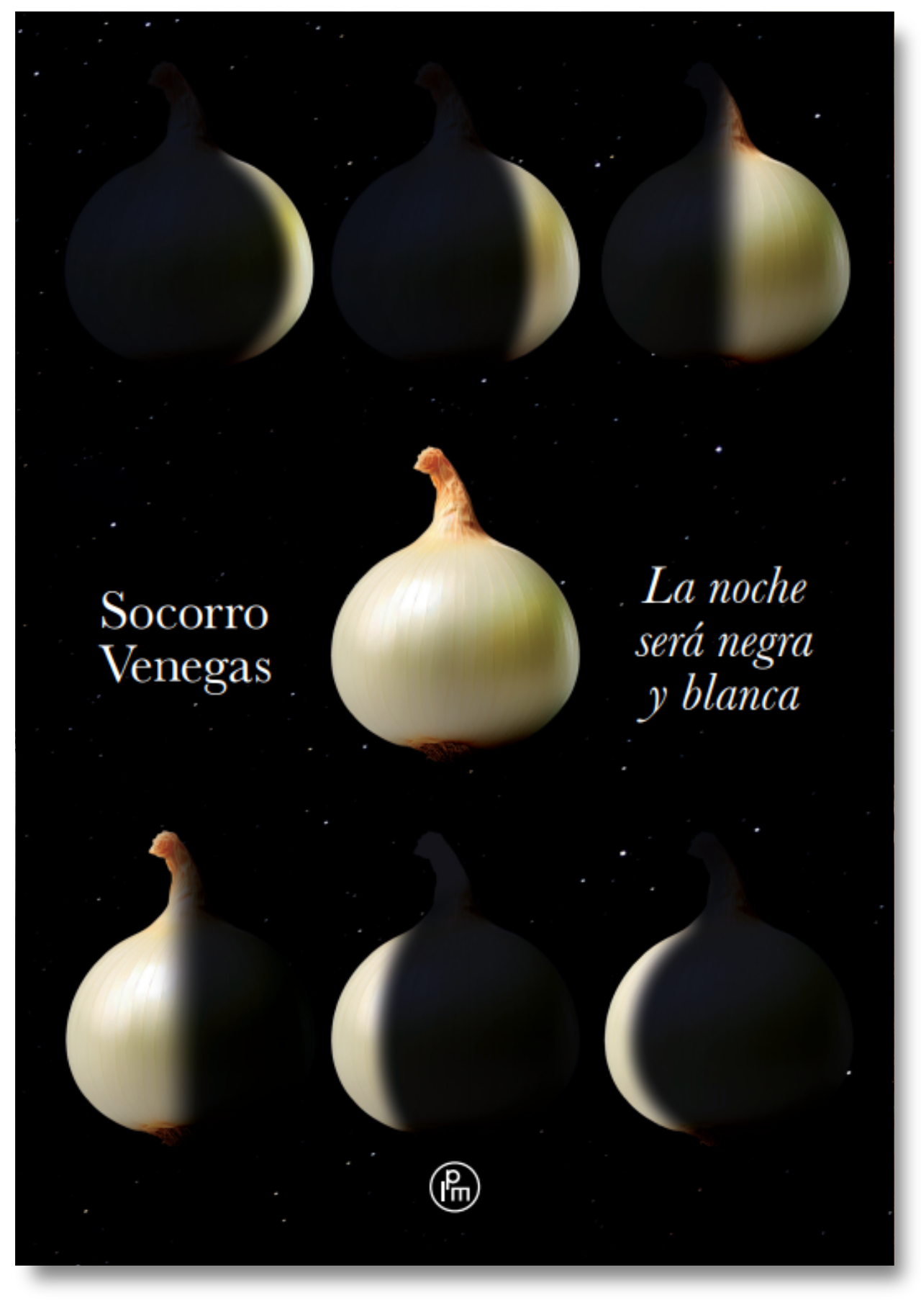 portada de la Noche será negra y blanca representa a las fases de la luna con una cebolla